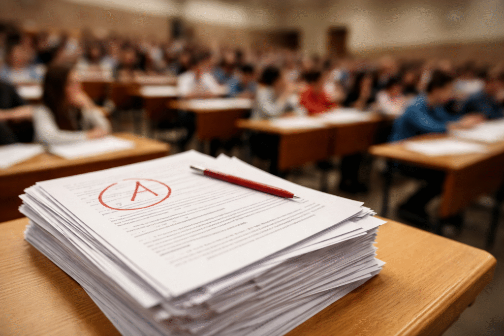 Stack of graded college papers with a large red A mark on top, placed on a lecture hall desk with blurred students seated in the background