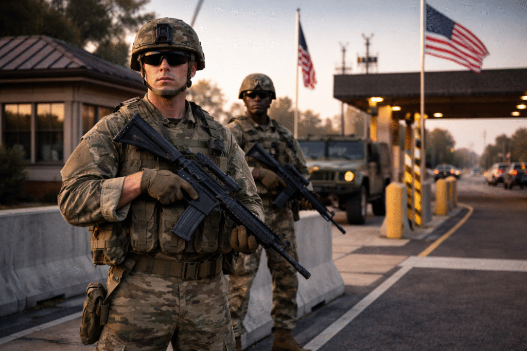 Two armed soldiers in camouflage standing guard at a military base entrance, with American flags, security barriers, and a military vehicle visible in the background at sunrise