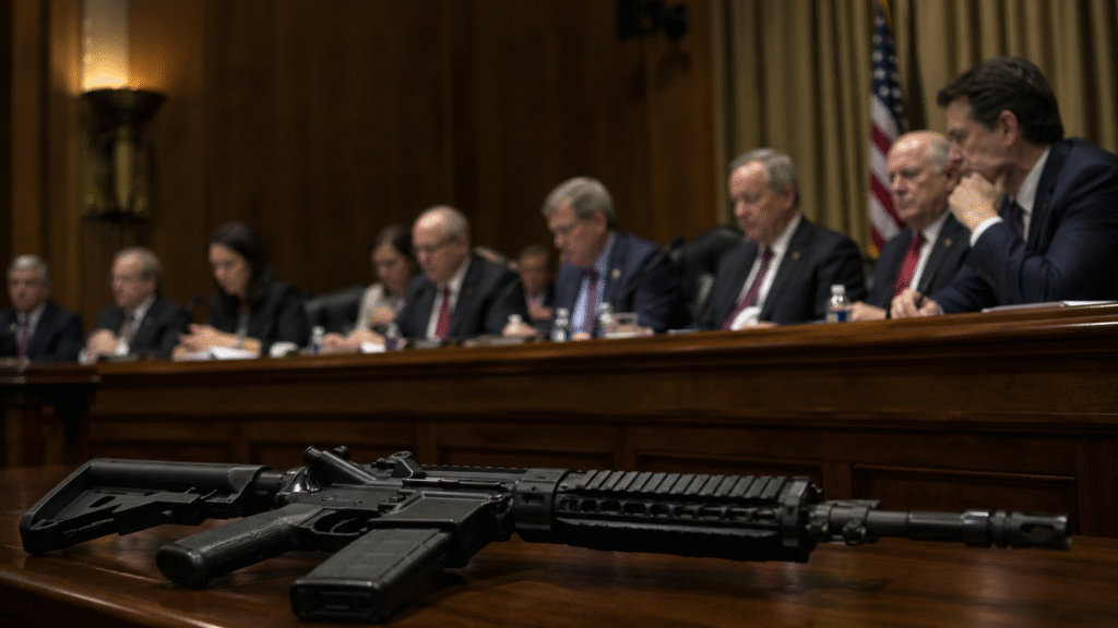Firearm placed on a wooden table in front of seated lawmakers during a formal government hearing in a wood-paneled chamber