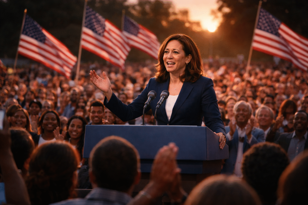 Female politician speaking at an outdoor rally at sunset with a large crowd and American flags in the background