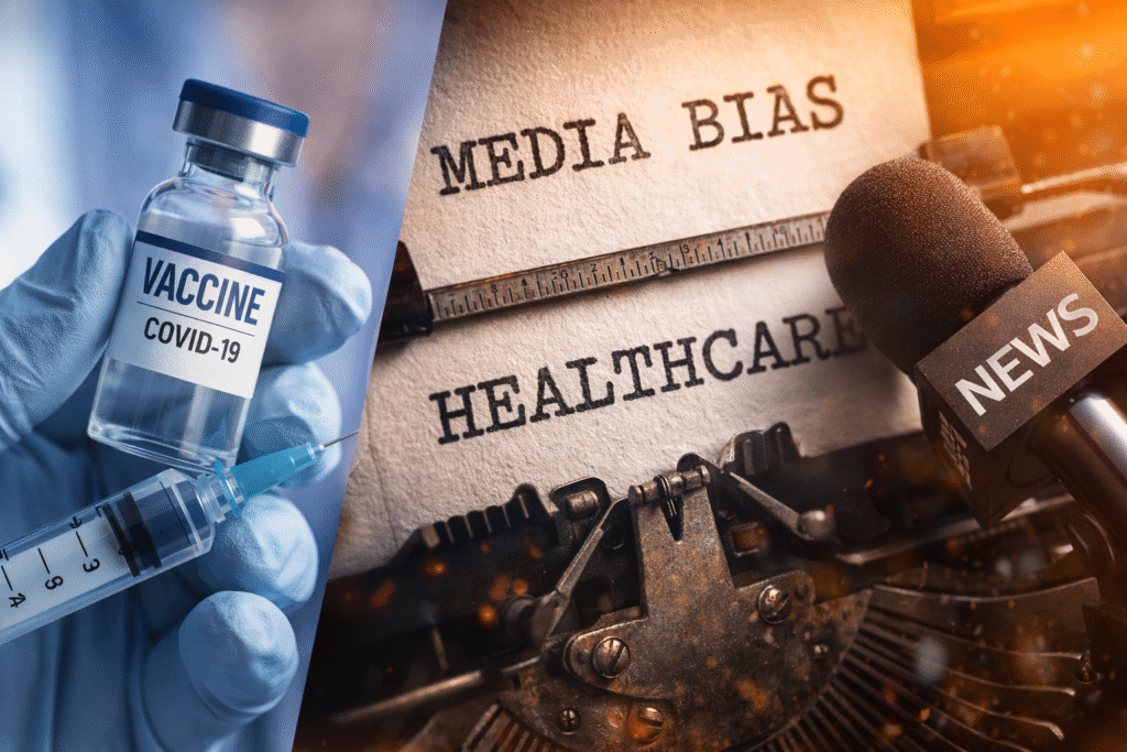 Gloved hand holding a vaccine vial and syringe beside a typewriter displaying media bias and healthcare themes with a news microphone nearby