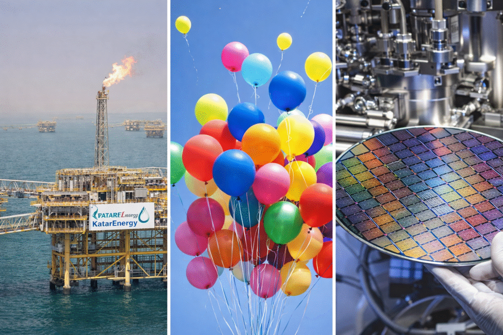Split image showing a gas processing facility offshore, a cluster of colorful helium balloons floating upward, and a semiconductor wafer used in chip manufacturing