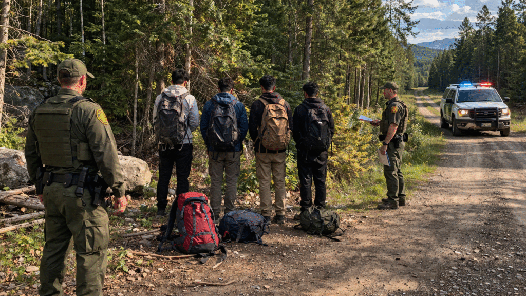 Four individuals with backpacks standing on a remote forest logging road near the U.S. border while Border Patrol agents approach, with a patrol vehicle visible in the background