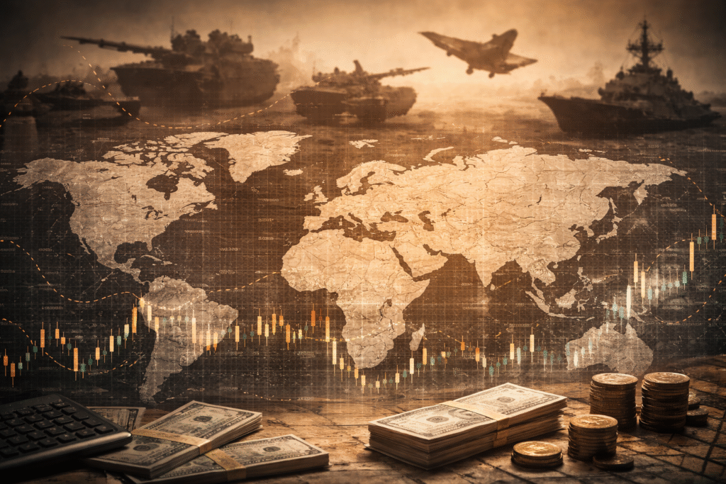 World map overlaid with financial charts, currency, and faint military vehicles, illustrating the connection between global finance and warfare