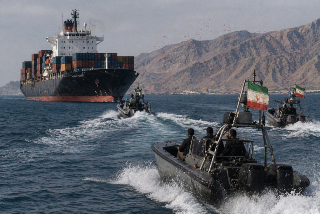 Cargo ship in the Strait of Hormuz surrounded by fast attack boats moving at speed, with a mountainous coastline in the background