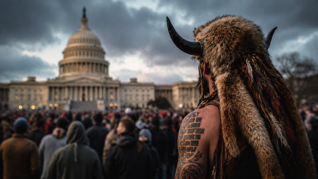 Man wearing a horned headdress facing the U.S. Capitol with a crowd in the background, symbolizing political protest and division