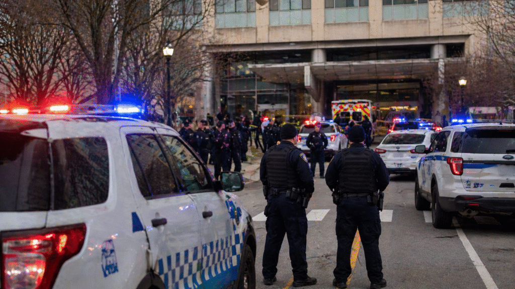 Police officers and emergency vehicles secure the entrance of a large urban hospital, with flashing lights and multiple responders coordinating outside following a shooting incident.
