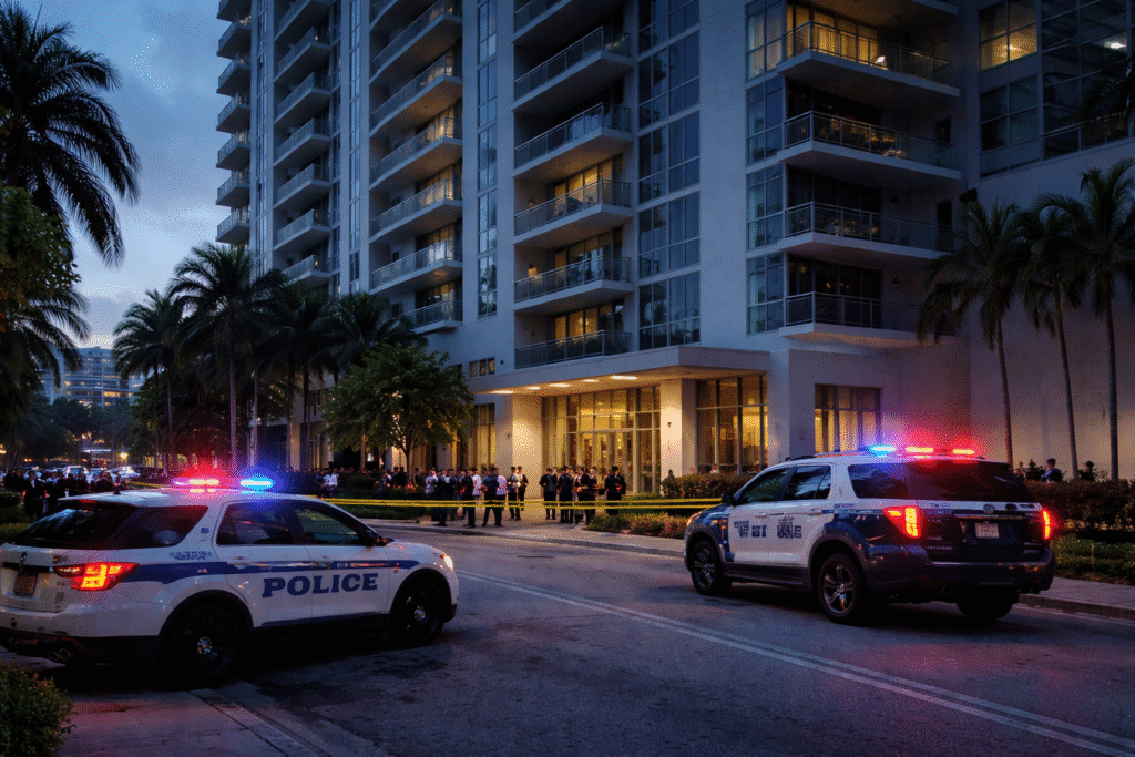 Police vehicles with flashing lights outside a high-rise apartment building in Fort Lauderdale at dawn, with officers and bystanders gathered behind caution tape near the entrance