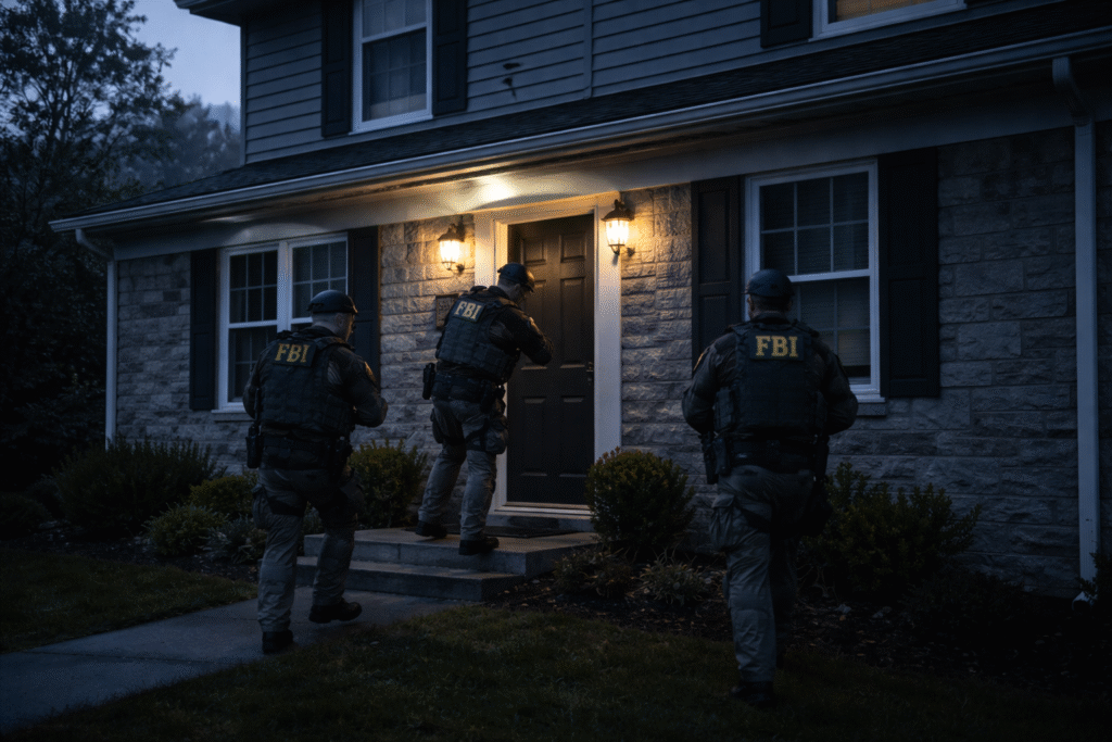 FBI agents in tactical gear approaching a suburban home at dawn during a law enforcement raid