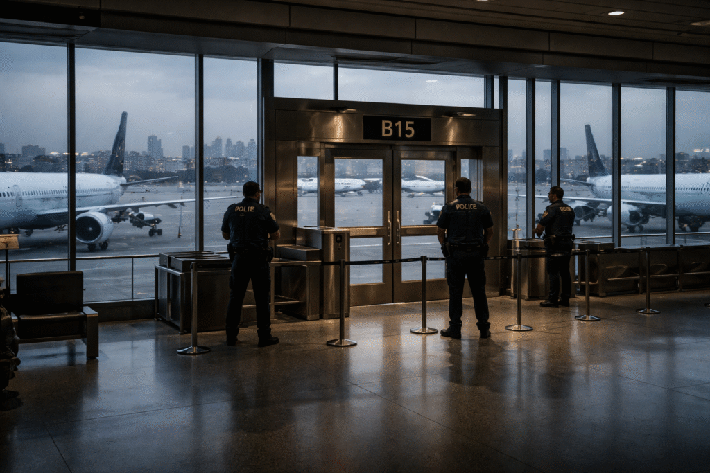 Airport terminal with closed boarding gate, security personnel standing guard, and grounded airplanes visible outside under a dim, tense atmosphere