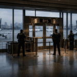 Airport terminal with closed boarding gate, security personnel standing guard, and grounded airplanes visible outside under a dim, tense atmosphere