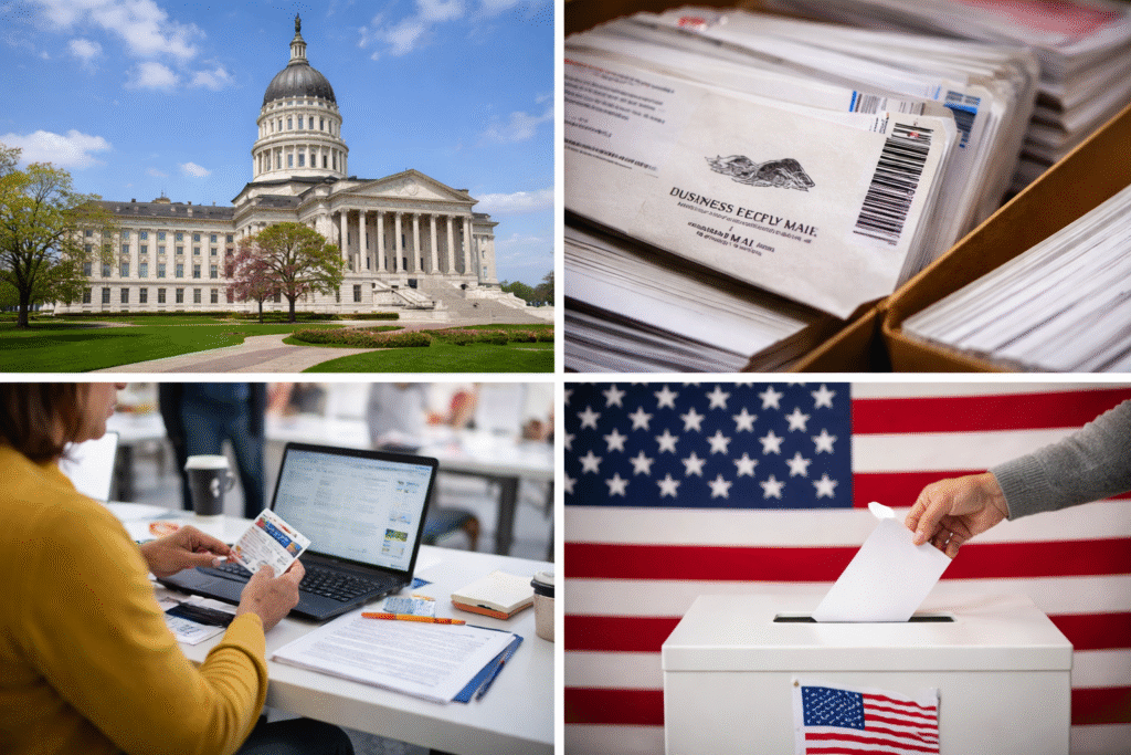 Collage showing the Kansas State Capitol building, stacks of mail-in ballot envelopes, a person verifying identification at a computer, and a ballot being placed into a voting box in front of an American flag