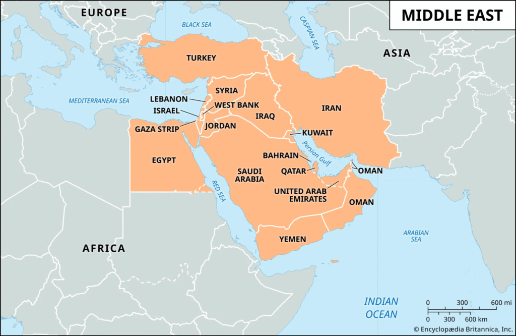 Political map of the Middle East highlighting Iran and surrounding countries including Iraq, Saudi Arabia, Turkey, and Israel, with labeled seas and regional boundaries in a clean, informational layout.