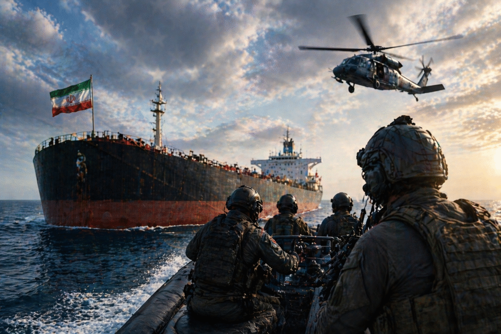 Armed naval team approaches a large oil tanker at sea while a helicopter hovers overhead, with the Iranian flag visible on the ship under a dramatic sky