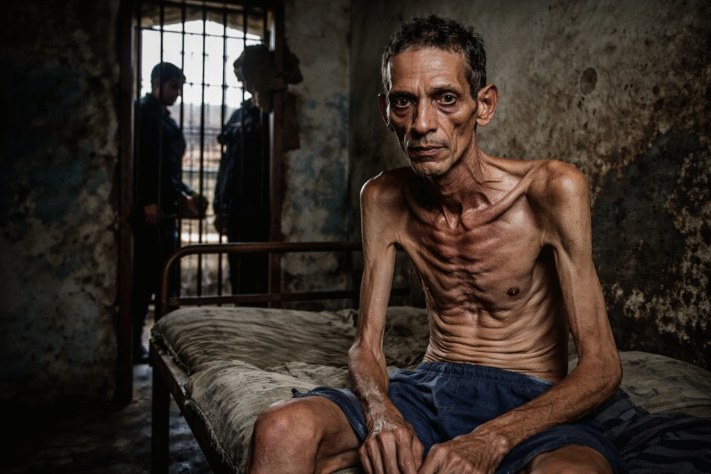 Emaciated man sitting on a thin mattress in a deteriorating prison cell, with visible signs of malnutrition and two figures standing behind barred doors in the background