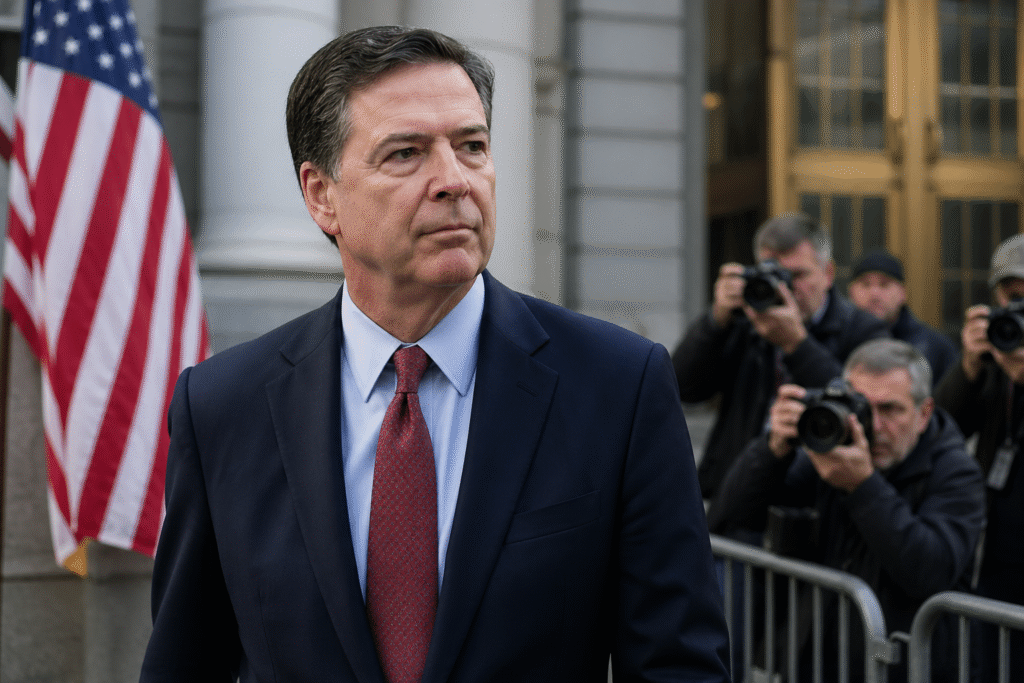 Man in a dark suit standing outside a federal courthouse with photographers and an American flag in the background, depicting a legal proceeding scene.