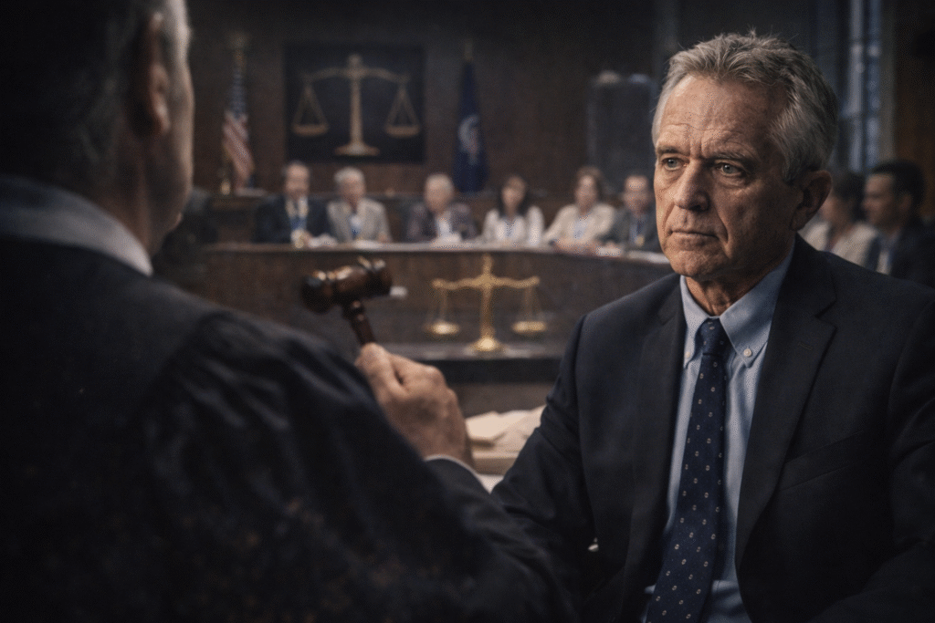 Man in a suit facing a judge holding a gavel in a courtroom, with a panel of officials seated in the background beneath a justice scale symbol.
