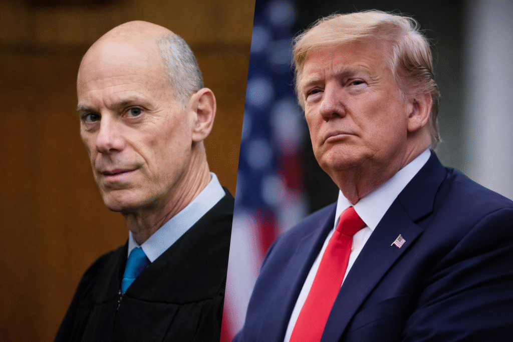 Split image showing a bald male judge in a black robe inside a courtroom on the left, and President Donald Trump in a navy suit with a red tie standing outdoors with a blurred American flag in the background on the right