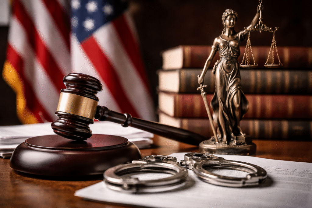 Gavel on a sound block beside handcuffs and a Lady Justice statue, with legal books and a blurred American flag in the background