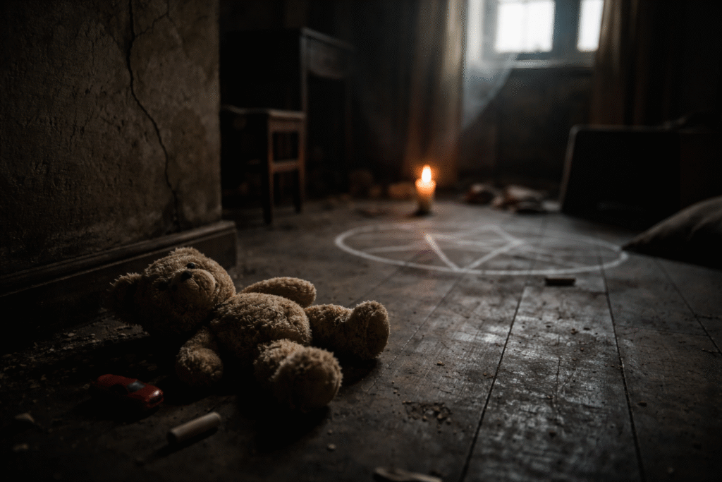 Abandoned teddy bear on a dusty floor in a dimly lit, neglected room with a single candle casting shadows and a cracked wall in the background