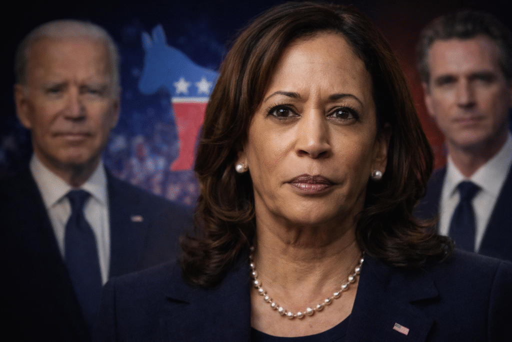 Woman in business attire facing forward with a serious expression, with two blurred male political figures and a party symbol in the background.