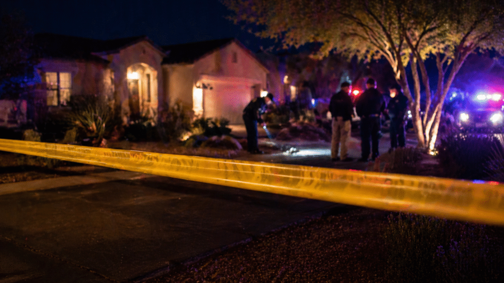 Police tape across suburban street at night with investigators examining a scene under flashing emergency lights