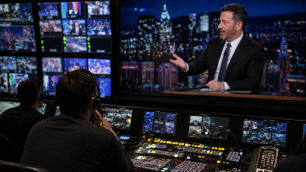 Television control room with multiple broadcast monitors and operators at a mixing console, overseeing a late-night talk show being aired on screen.