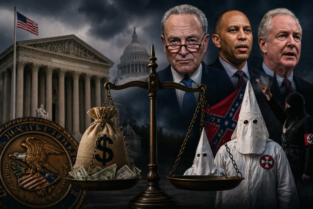 Scales of justice balancing a money bag and extremist figures, set against a backdrop of U.S. government buildings and political leaders in a dark, dramatic scene