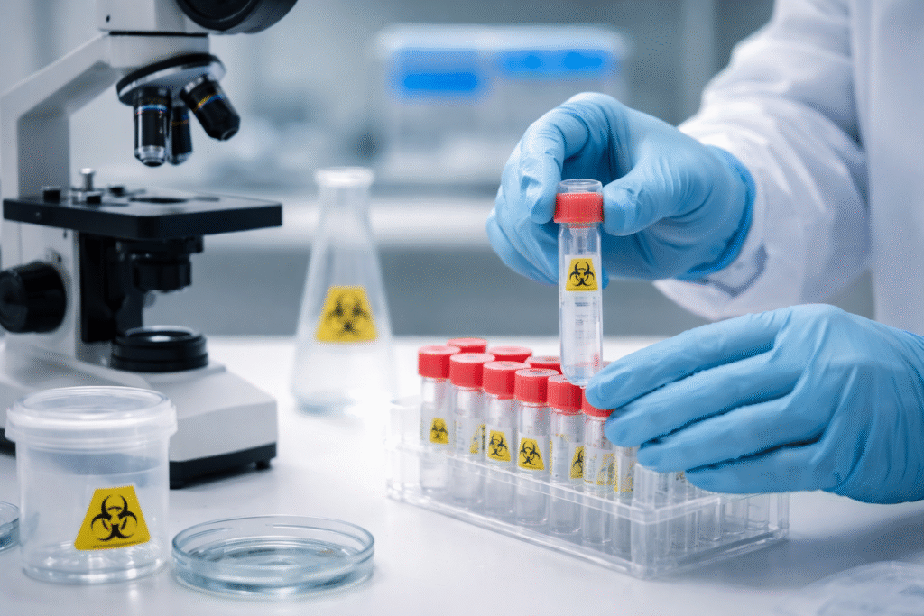 Gloved hands placing a sealed vial with biohazard label into a rack in a laboratory setting with microscope and sample containers