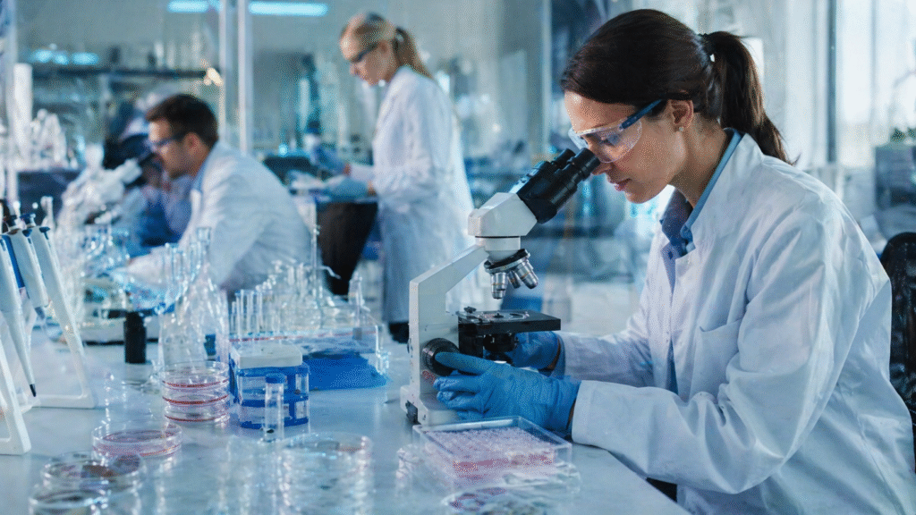 Scientist using a microscope in a modern laboratory with petri dishes, test tubes, and research equipment visible on the workbench