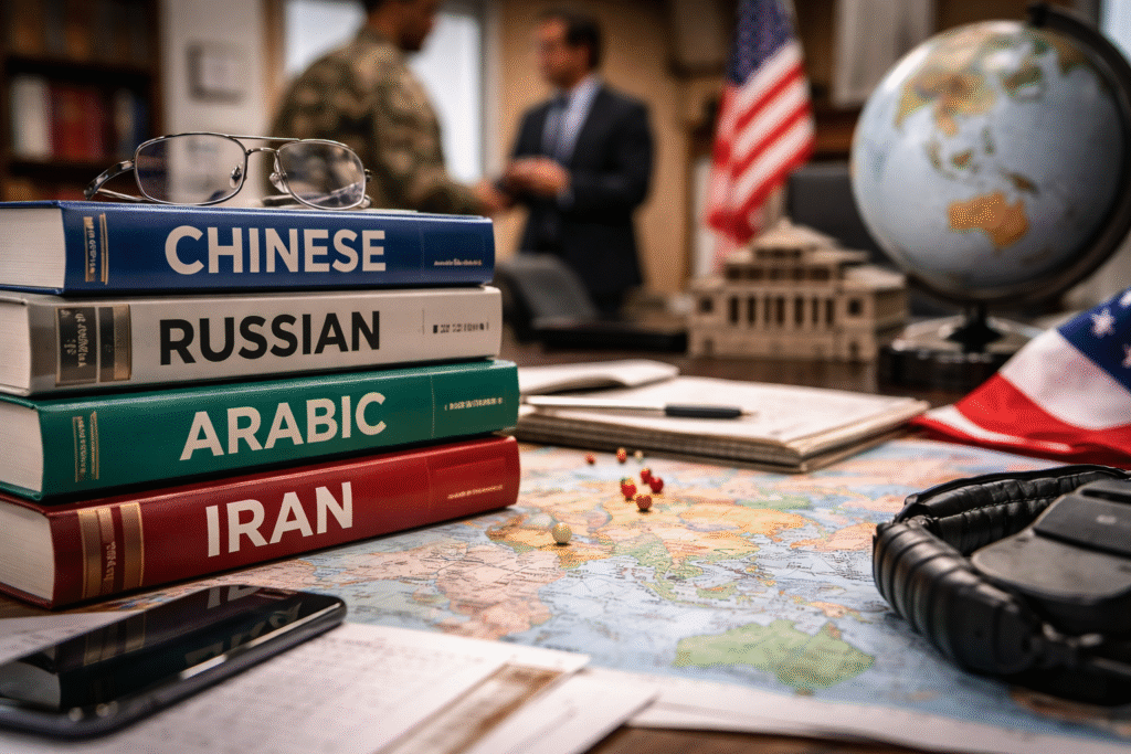 Stack of foreign language textbooks on a desk over a world map with a globe, documents, and U.S. flag, as two figures discuss strategy in the background