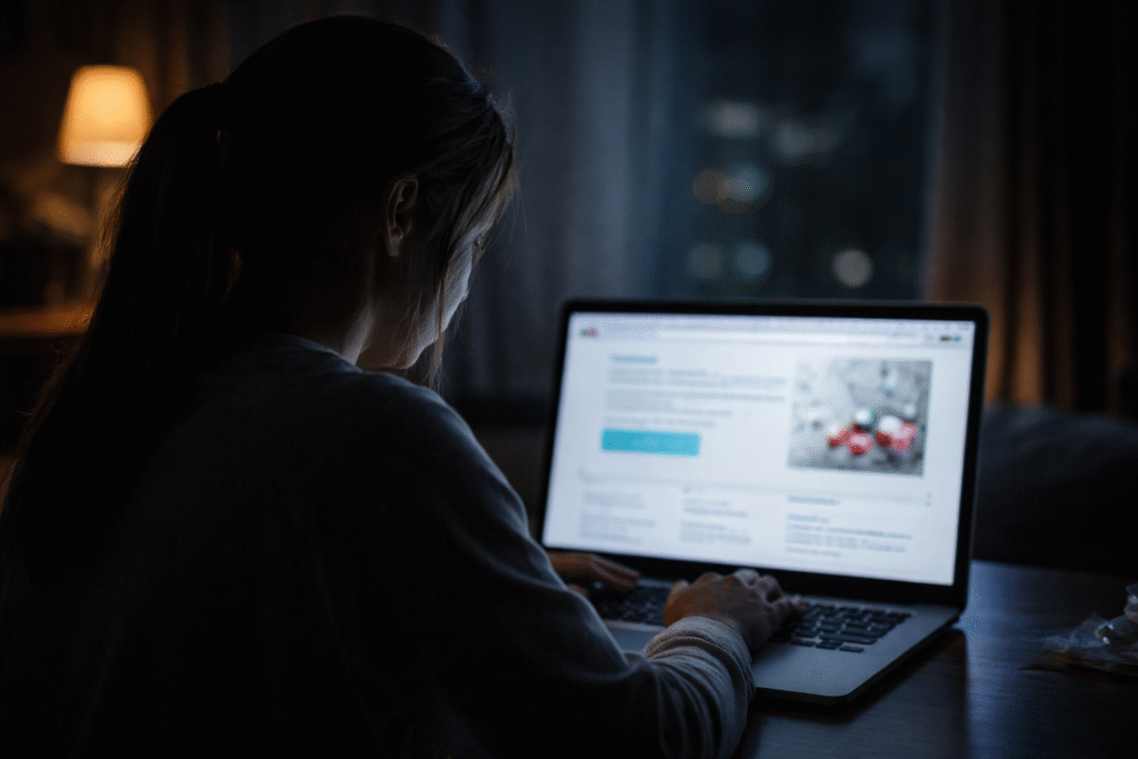 A young female silhouette sitting at a laptop in a dimly lit room, viewing a blurred medical website on the screen.