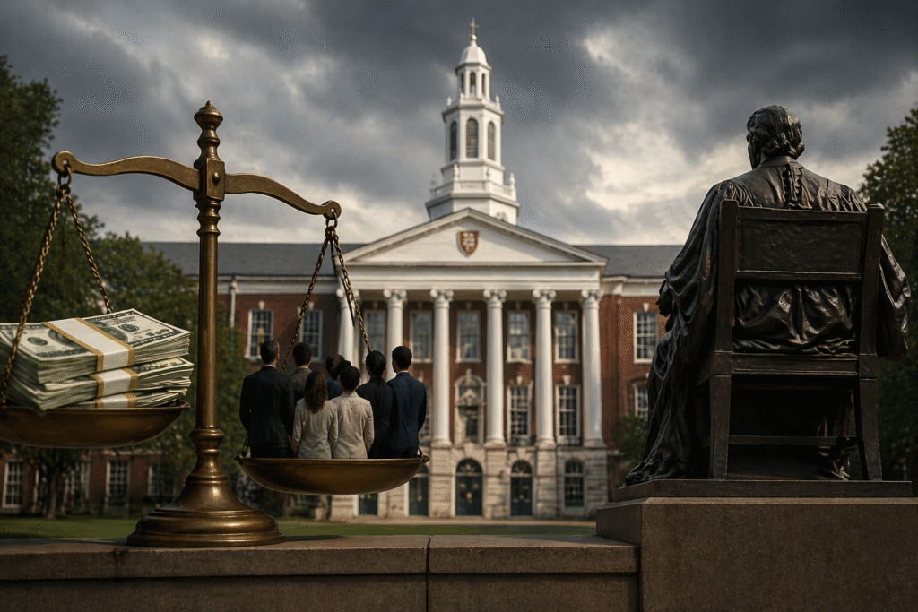 Balance scale on a university campus with stacks of cash weighing down one side and a group of faculty figures on the other, set against a classical academic building under a dark, overcast sky