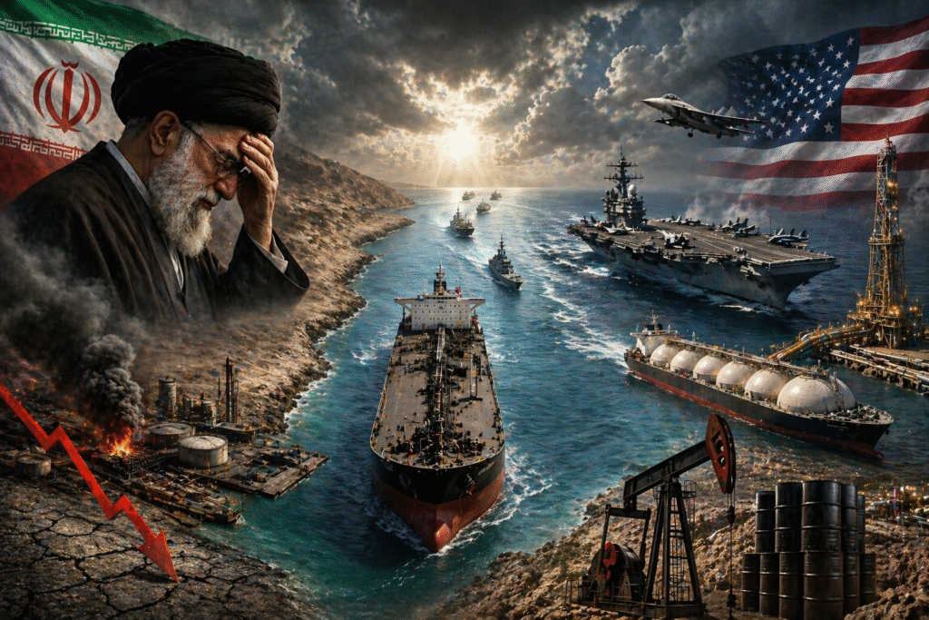 Oil tankers moving through a narrow sea channel with military ships, aircraft, and energy infrastructure under stormy skies, symbolizing geopolitical tension and global energy conflict in the Strait of Hormuz