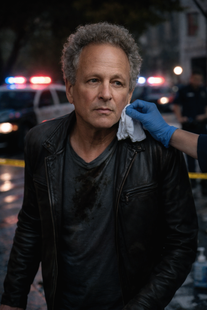 Older man with short curly gray hair and serious expression being assisted by a gloved hand on a city street at night, with police lights and vehicles blurred in the background.