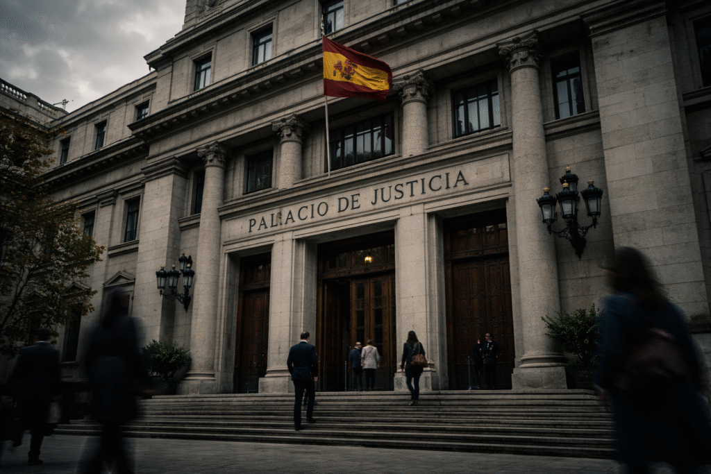 Exterior of Madrid’s Palacio de Justicia with neoclassical columns and Spanish flag above the entrance, as people walk up the steps under cloudy skies.
