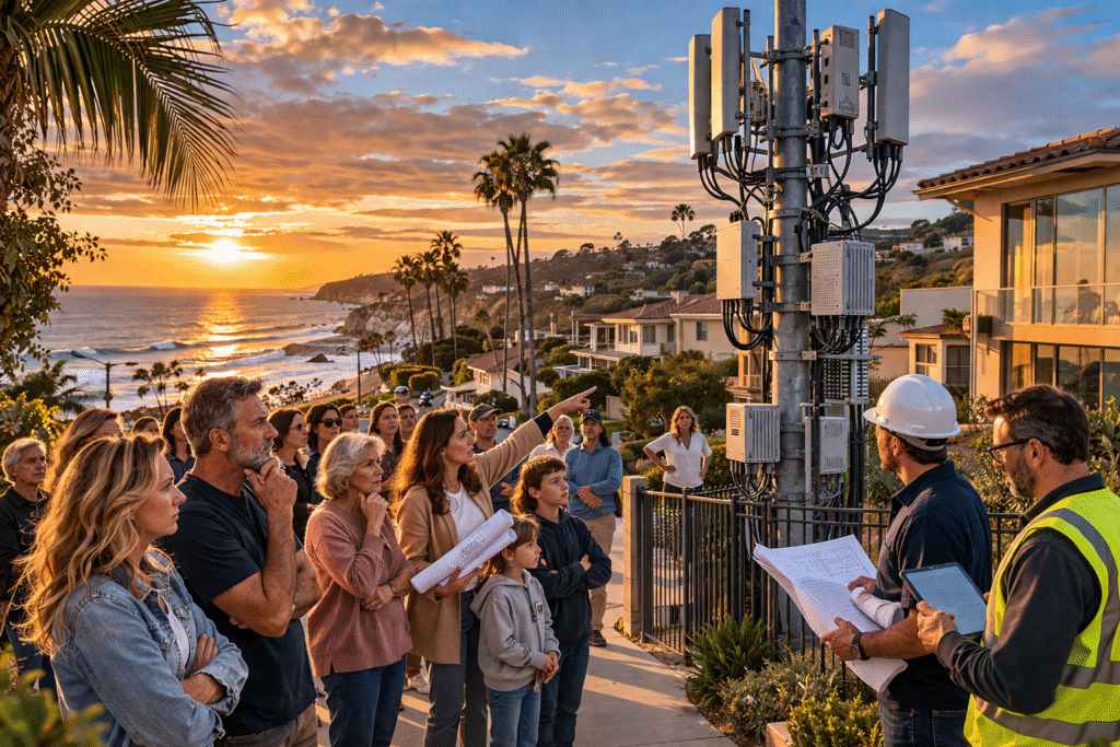 Residents gathered in Malibu, California, near coastal homes at sunset, confronting a 5G cell tower installation as workers review plans, with ocean cliffs and palm-lined streets in the background.