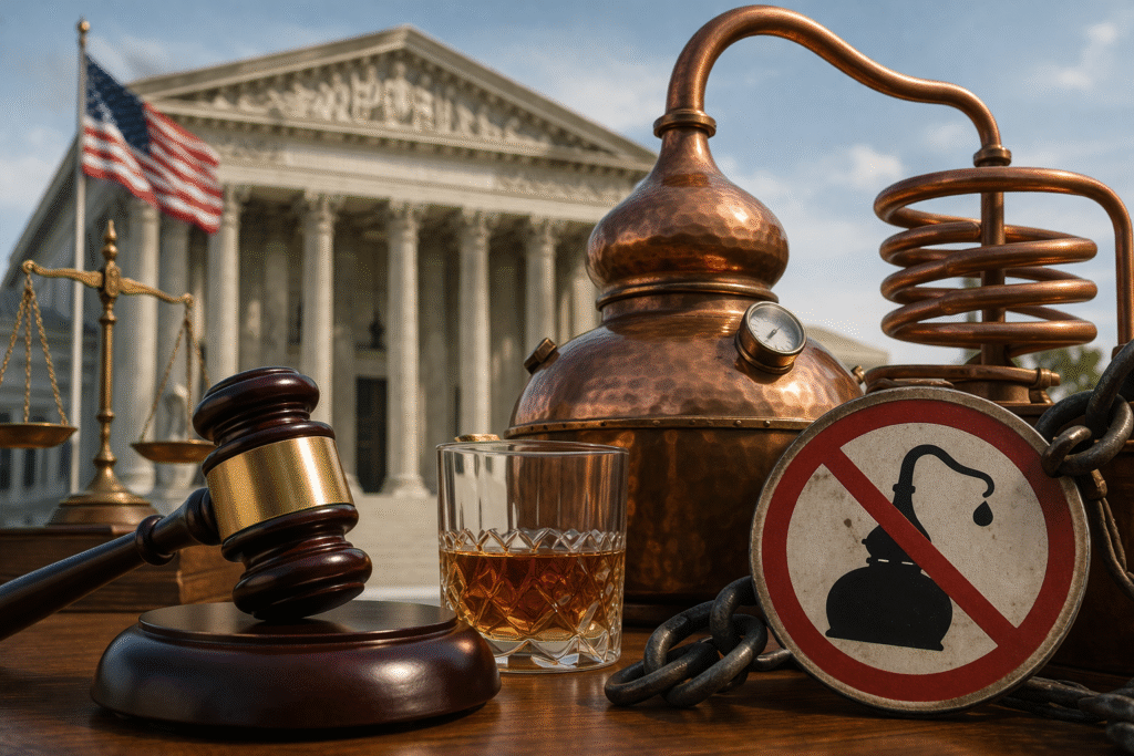 Judge’s gavel beside copper distilling equipment and glass jars, with a prohibition symbol in foreground and U.S. courthouse and flag in background, symbolizing legal ruling on home distilling ban