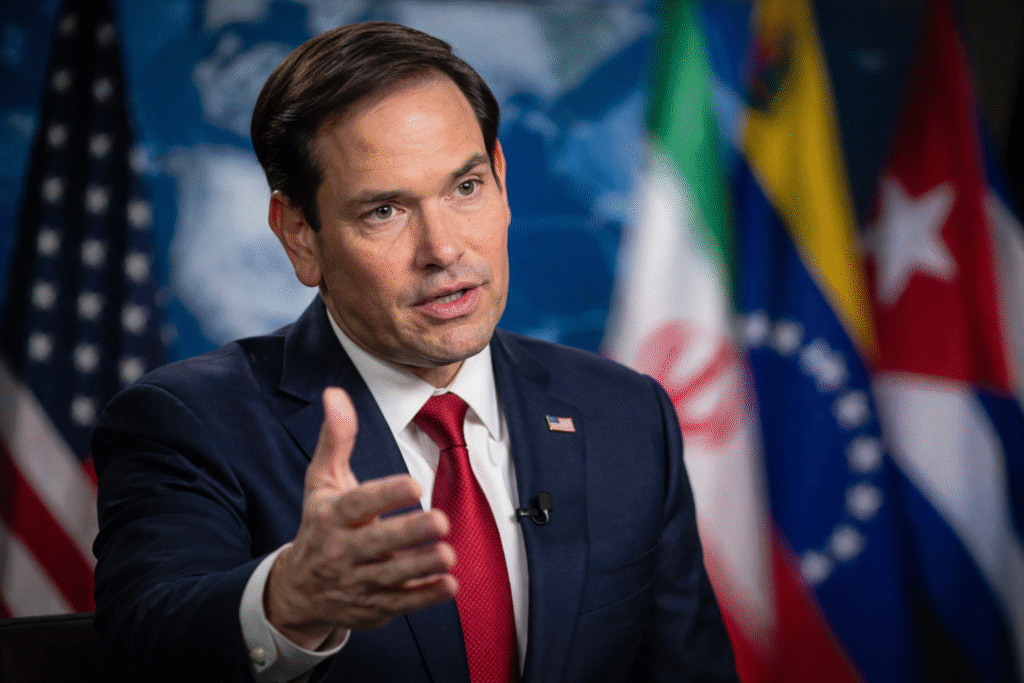 Man in a navy suit and tie speaks during a television interview, gesturing with both hands in front of a blurred studio backdrop with an American flag and world map