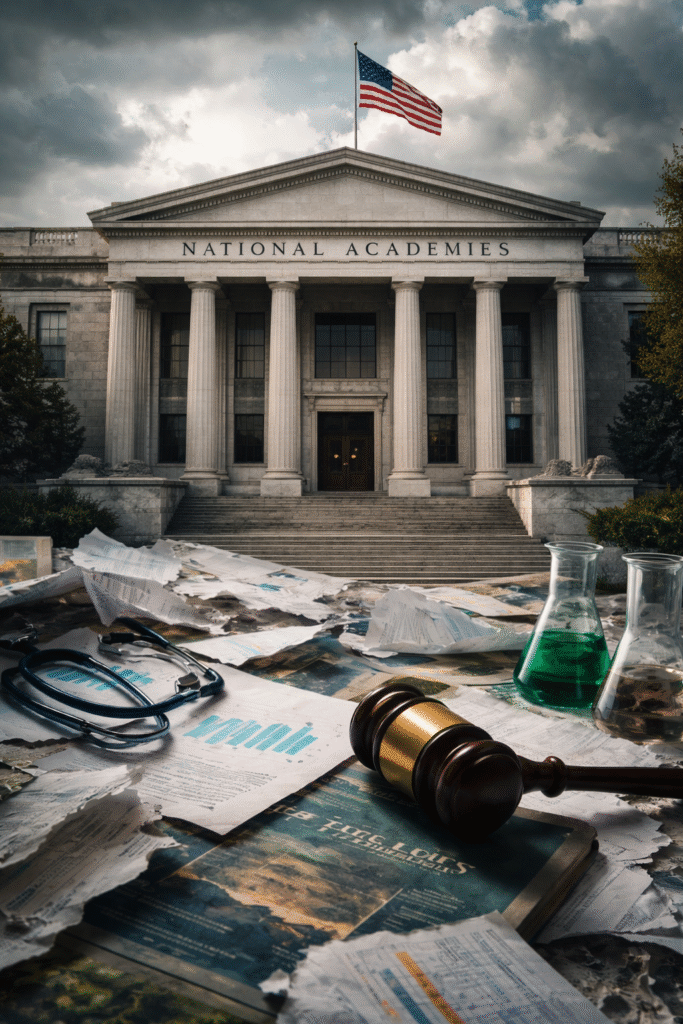 Neoclassical government-style building with columns and U.S. flag under dark clouds, with scattered documents, a judge’s gavel, laboratory glassware, and a stethoscope in the foreground.