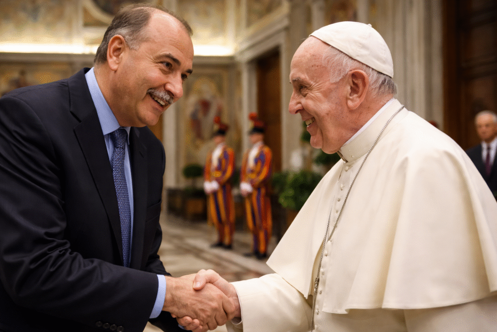 Political strategist David Axelrod shaking hands with the Pope inside a Vatican hall, with ceremonial guards and ornate architecture in the background