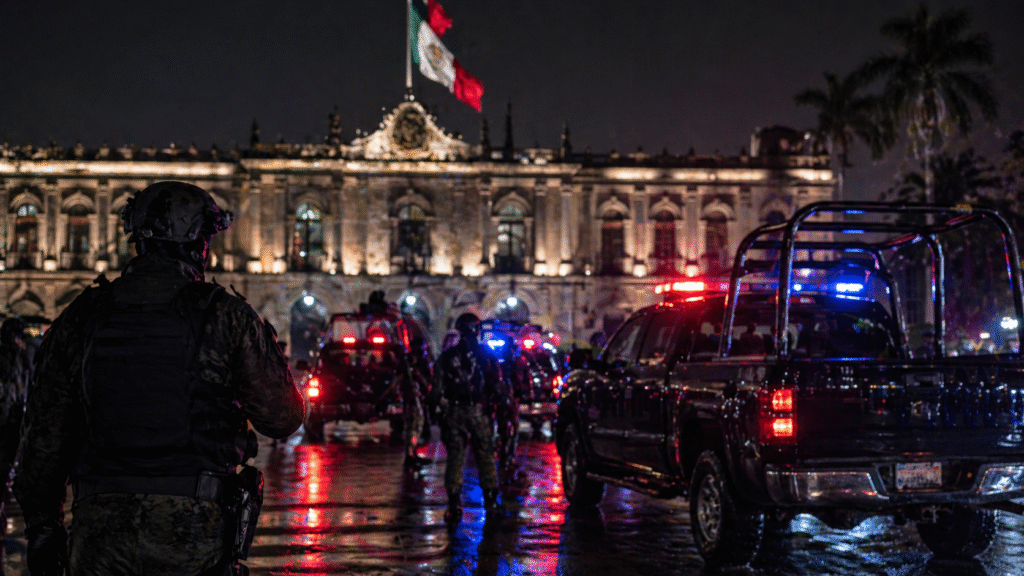 Armed law enforcement officers and vehicles with flashing lights outside a large government building at night, reflecting an active cartel investigation scene.