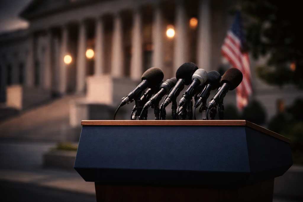 Podium with multiple microphones set outside a government building with columns and an American flag in the background, representing a political press briefing