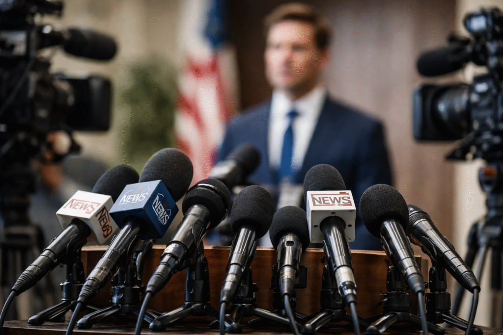 Multiple microphones positioned at a press podium with a blurred figure in a suit speaking in the background, representing a public political statement or controversy