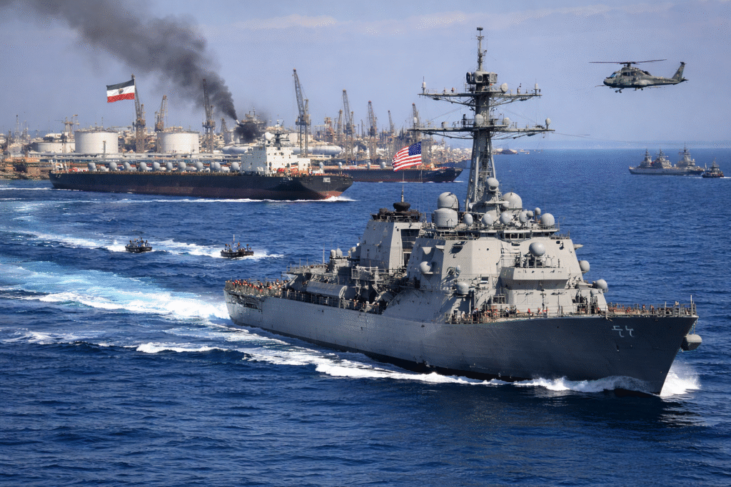U.S. Navy warship patrolling near a busy port with oil tankers, helicopters overhead, and multiple vessels enforcing a maritime security perimeter