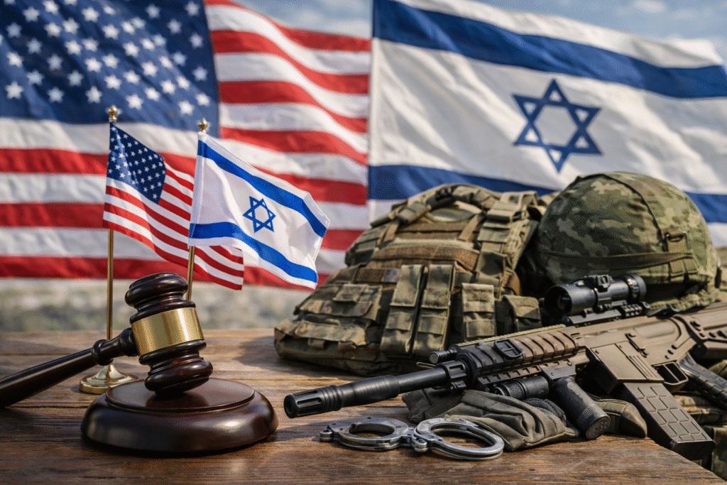 Judge’s gavel and military equipment on a table with U.S. and Israeli flags in the background, symbolizing strategic alliance and defense cooperation