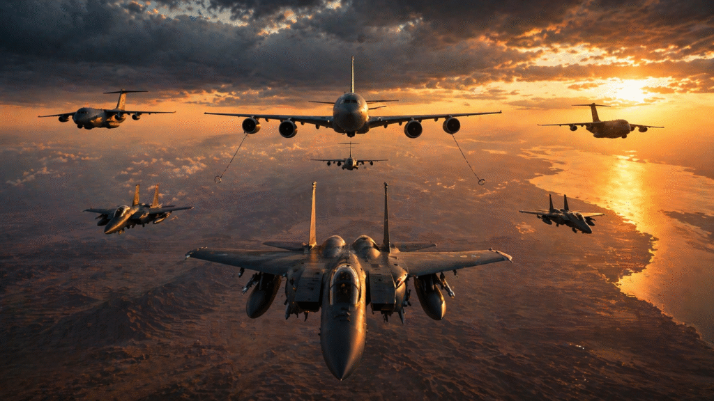 U.S. military aircraft flying in formation at sunset over a desert coastline, including fighter jets and refueling tankers, indicating heightened military readiness