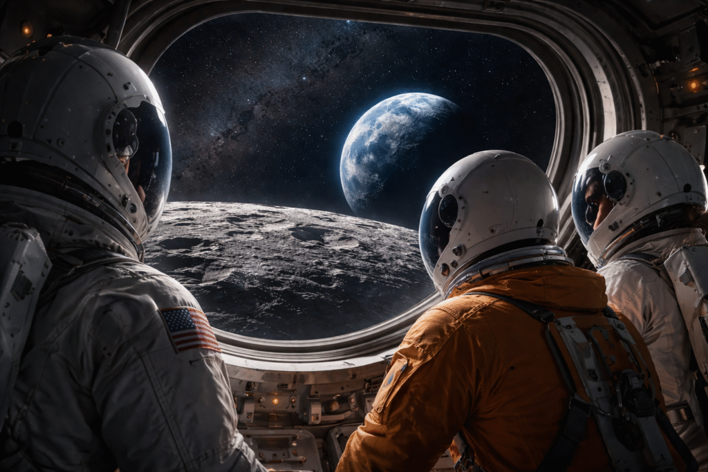 Astronauts wearing full helmets look out from a spacecraft window at the Moon’s surface with Earth visible in the distance against a star-filled space backdrop