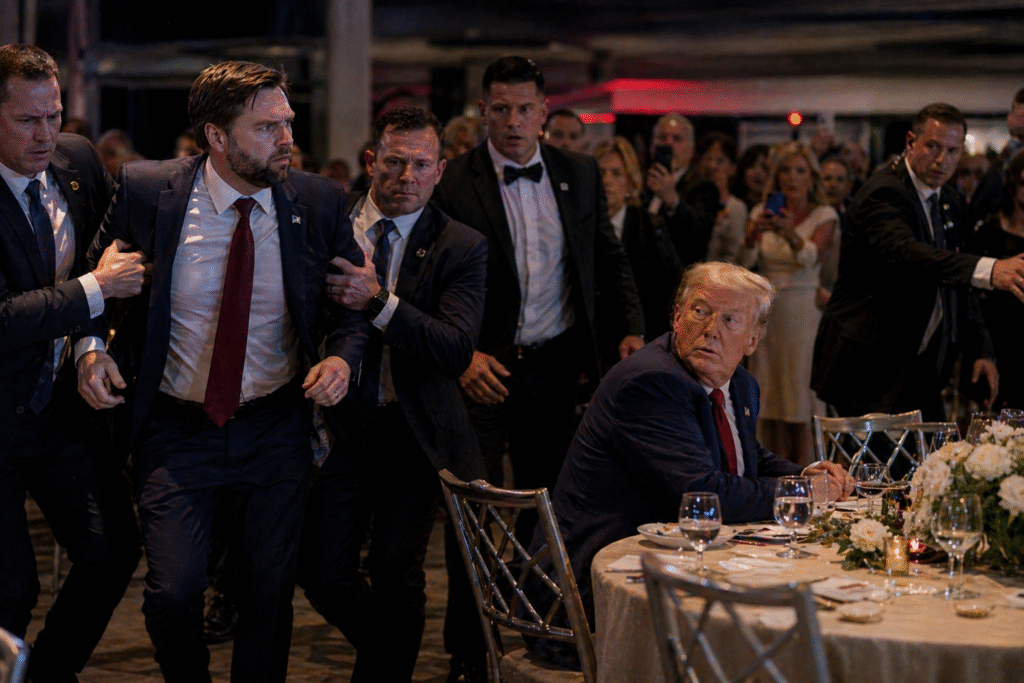 Security agents urgently escort a suited official through a crowded banquet hall while guests look on, as another seated figure watches the unfolding situation during a tense emergency response.