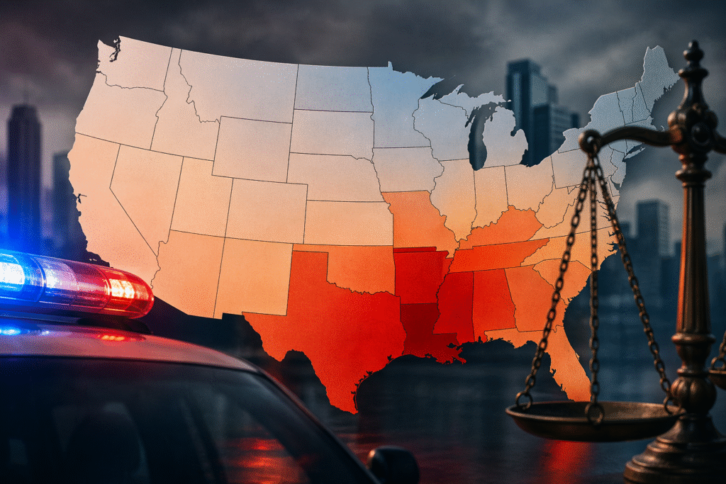 Heatmap-style map of the United States highlighting higher homicide rates in southern states in red tones, with police lights and a justice scale in a dark urban background